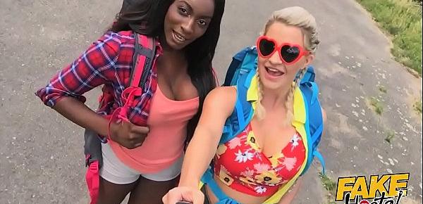  Fake Hostel - Busty black girl and dirty blonde babe with big tits go wild squirting deep throat rimming in hardcore threesome action